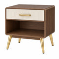 Mesita de noche 50 x 40 x 55 cm de madera marrón con cajón crema y patas metálicas doradas