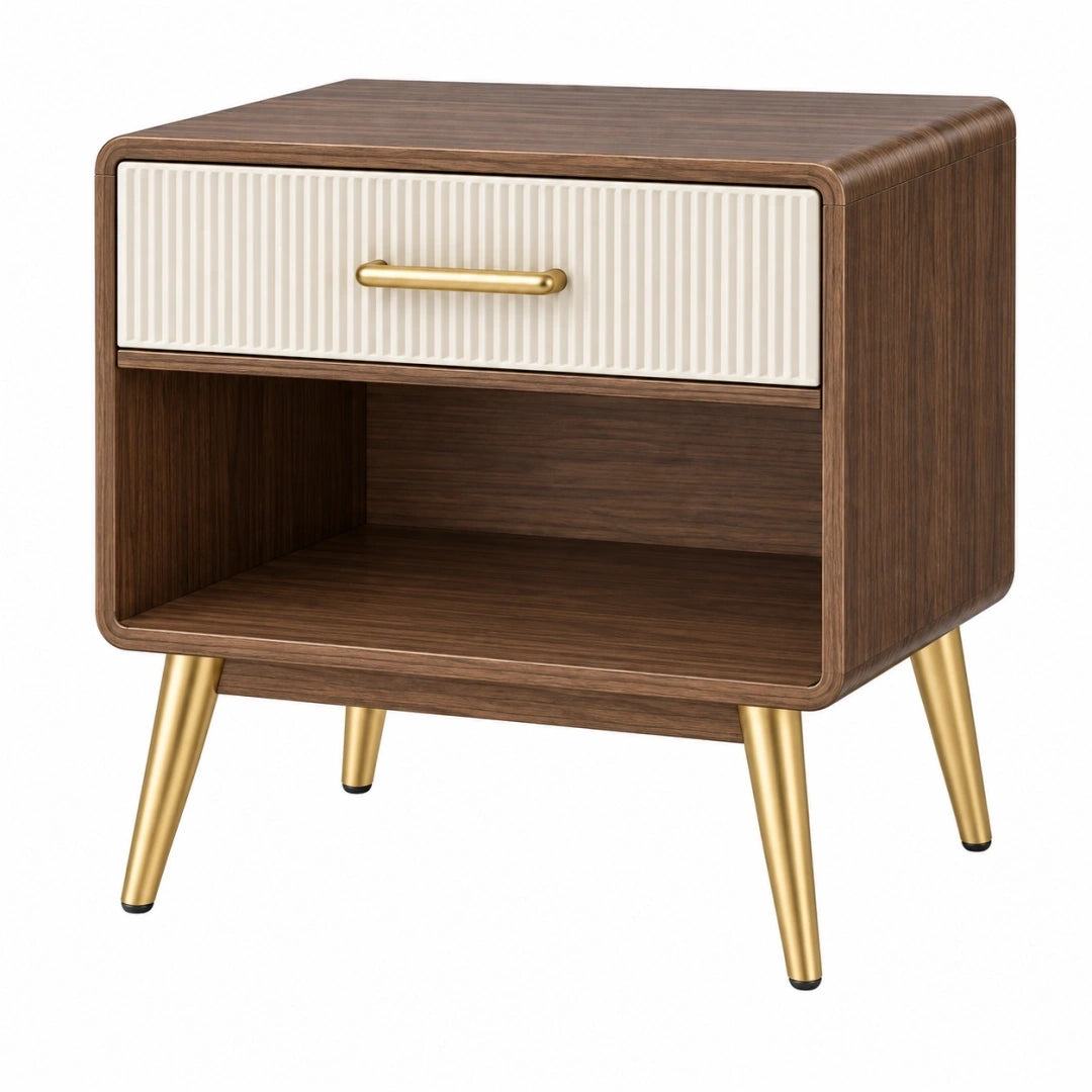 Mesita de noche 50 x 40 x 55 cm de madera marrón con cajón crema y patas metálicas doradas