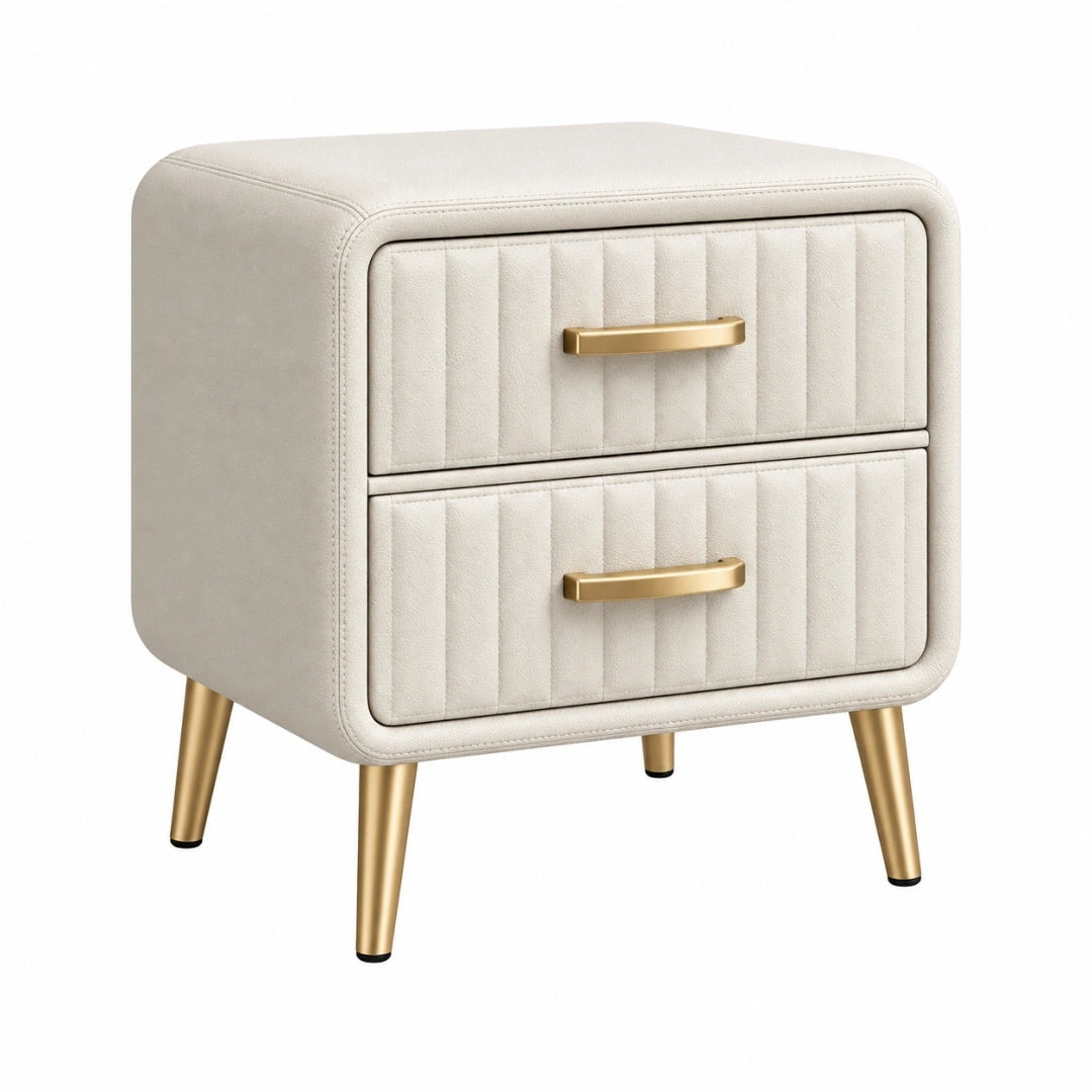 Mesita de noche 45 x 40 x 55 cm tapizada beige con 2 cajones y patas doradas
