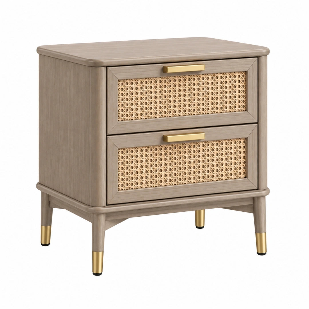 Mesita de noche 60 x 45 x 65 cm de madera beige con ratán y 2 cajones