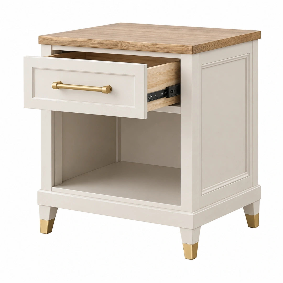 Mesita de noche 50 x 40 x 65 cm de madera blanca y natural con cajón estilo clásico