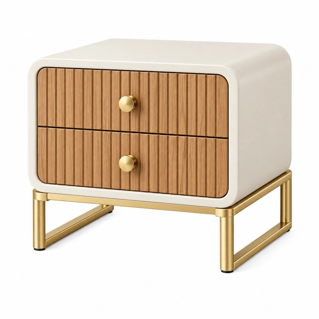 Mesita de noche 50 x 40 x 55 cm con 2 cajones en madera beige y dorado - estilo moderno