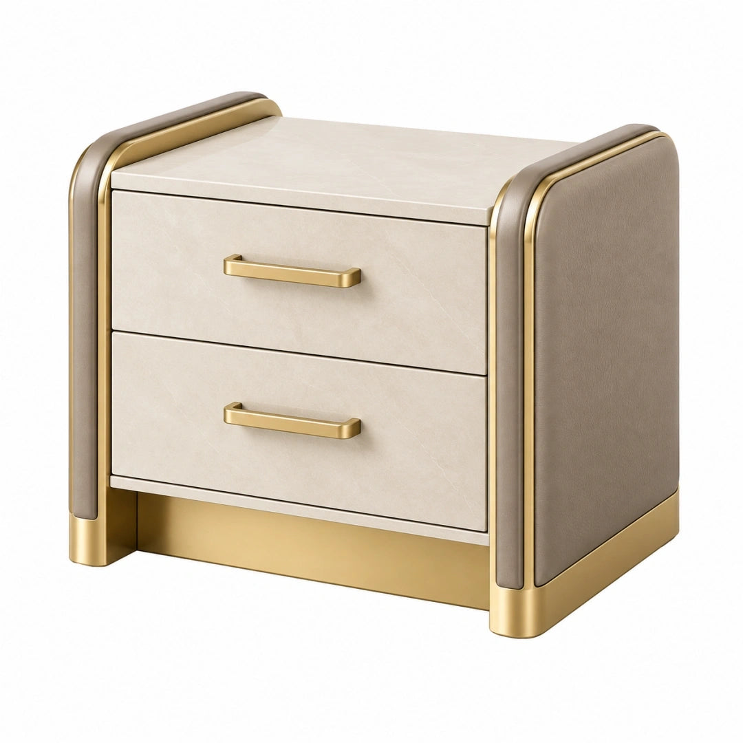 Mesita de noche 55 x 45 x 55 cm con 2 cajones beige y dorado de efecto piedra estilo moderno