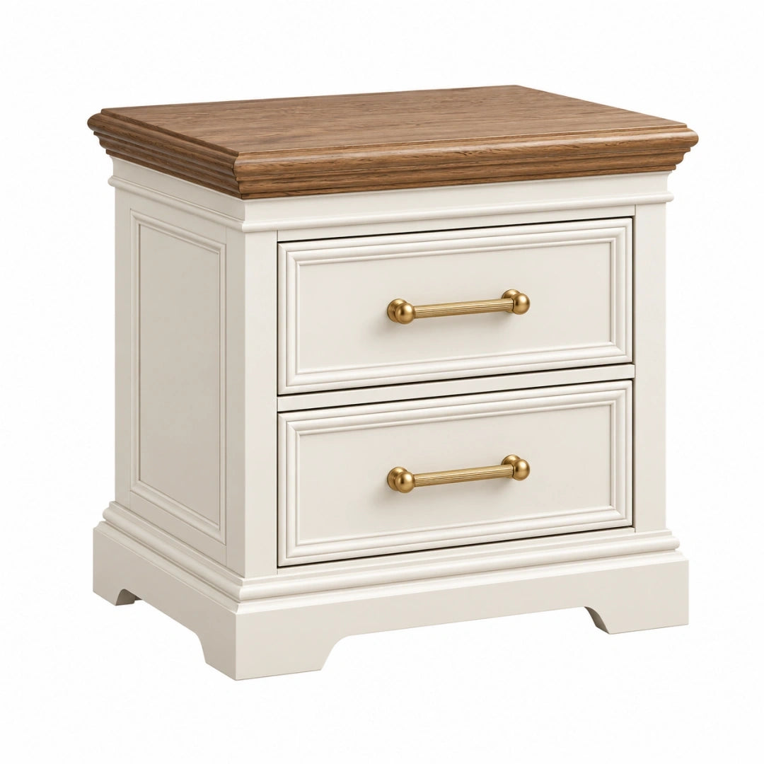 Mesita de noche 50 x 40 x 60 cm de madera blanca y marrón con 2 cajones estilo clásico
