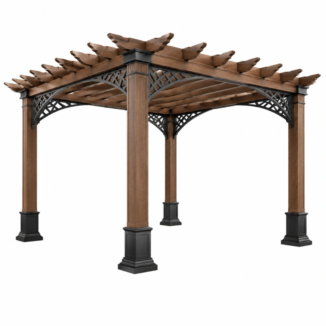 Pérgola 300 x 300 x 250 cm de madera marrón y metal negro para exterior de estilo clásico
