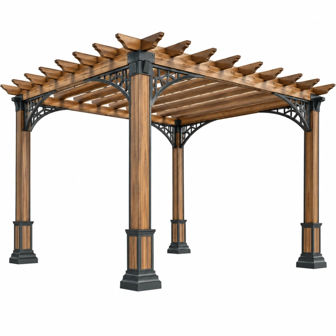 Pérgola 300 x 300 x 250 cm de madera marrón y metal negro para jardín con techo de lamas