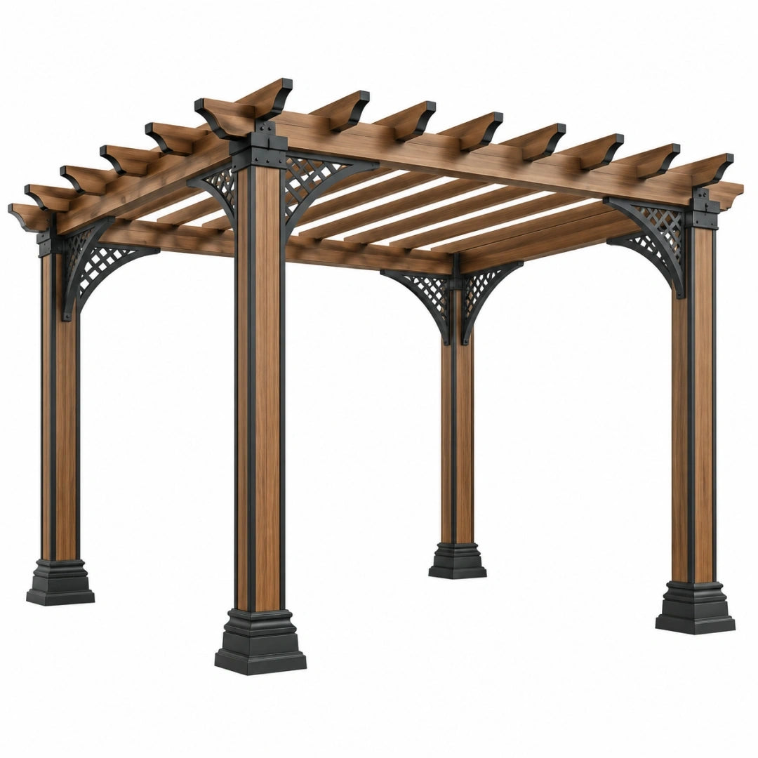 Pérgola de jardín 300 x 300 x 240 cm de madera y metal marrón negro con techo de lamas estilo clásico