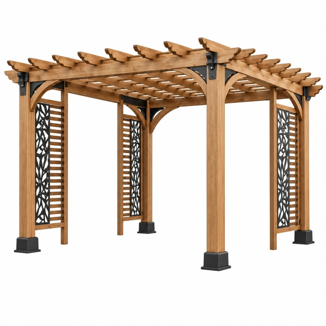 Pérgola de jardín 360 x 360 x 240 cm de madera marrón con paneles negros - estructura con celosía
