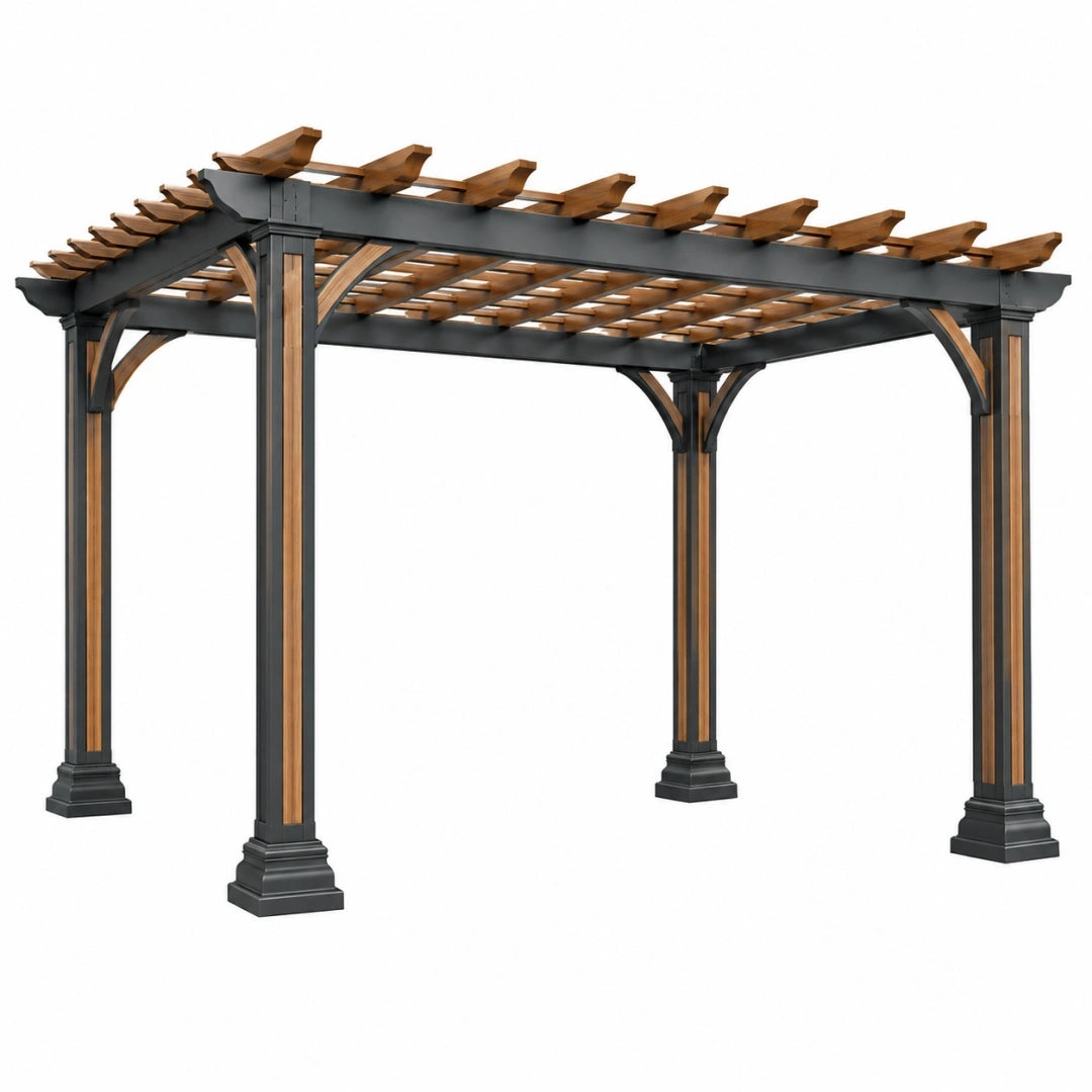 Pérgola 300 x 300 x 250 cm de metal y madera negra marrón para jardín con lamas abiertas