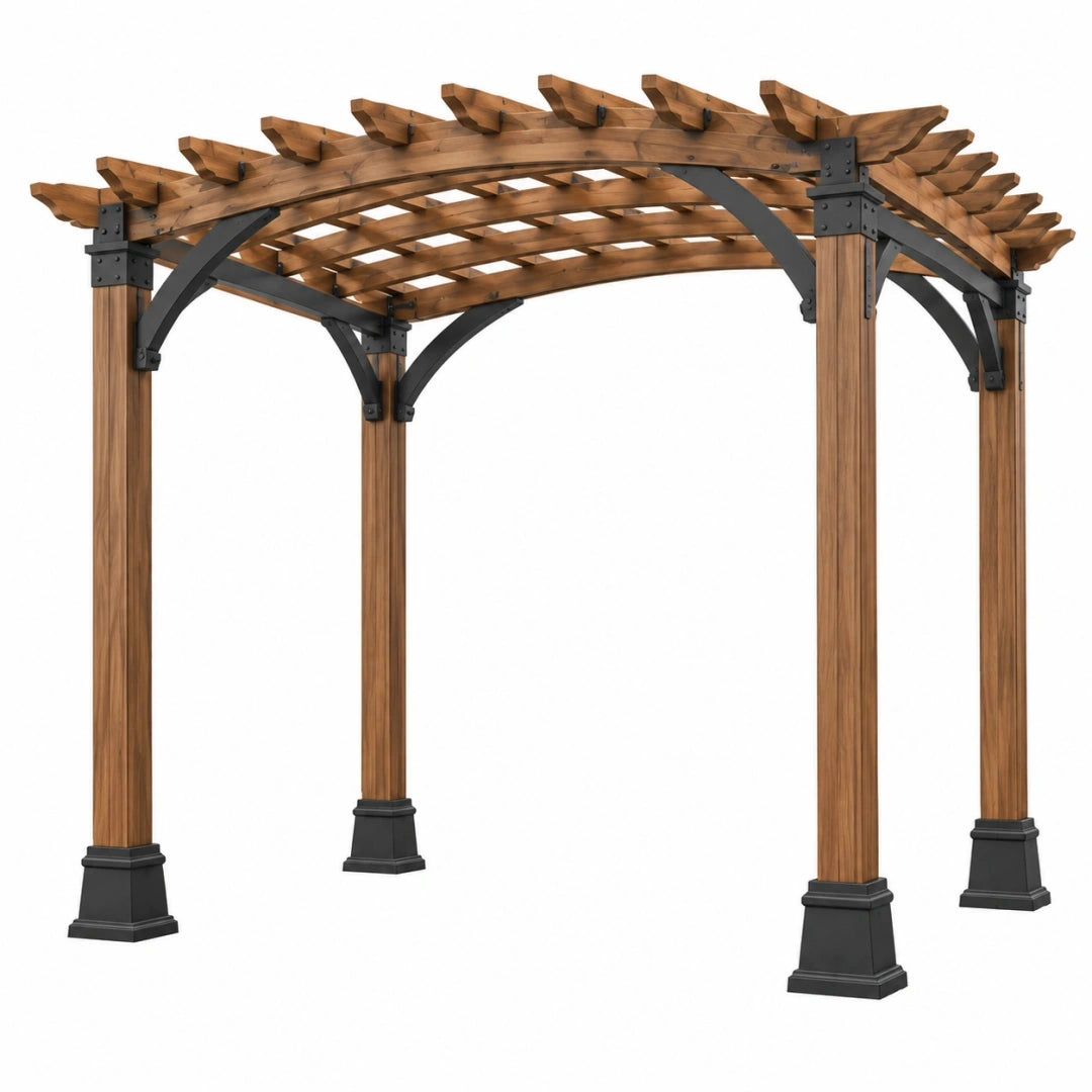 Pérgola de jardín 360 x 300 x 250 cm de madera y metal marrón negro con techo de lamas