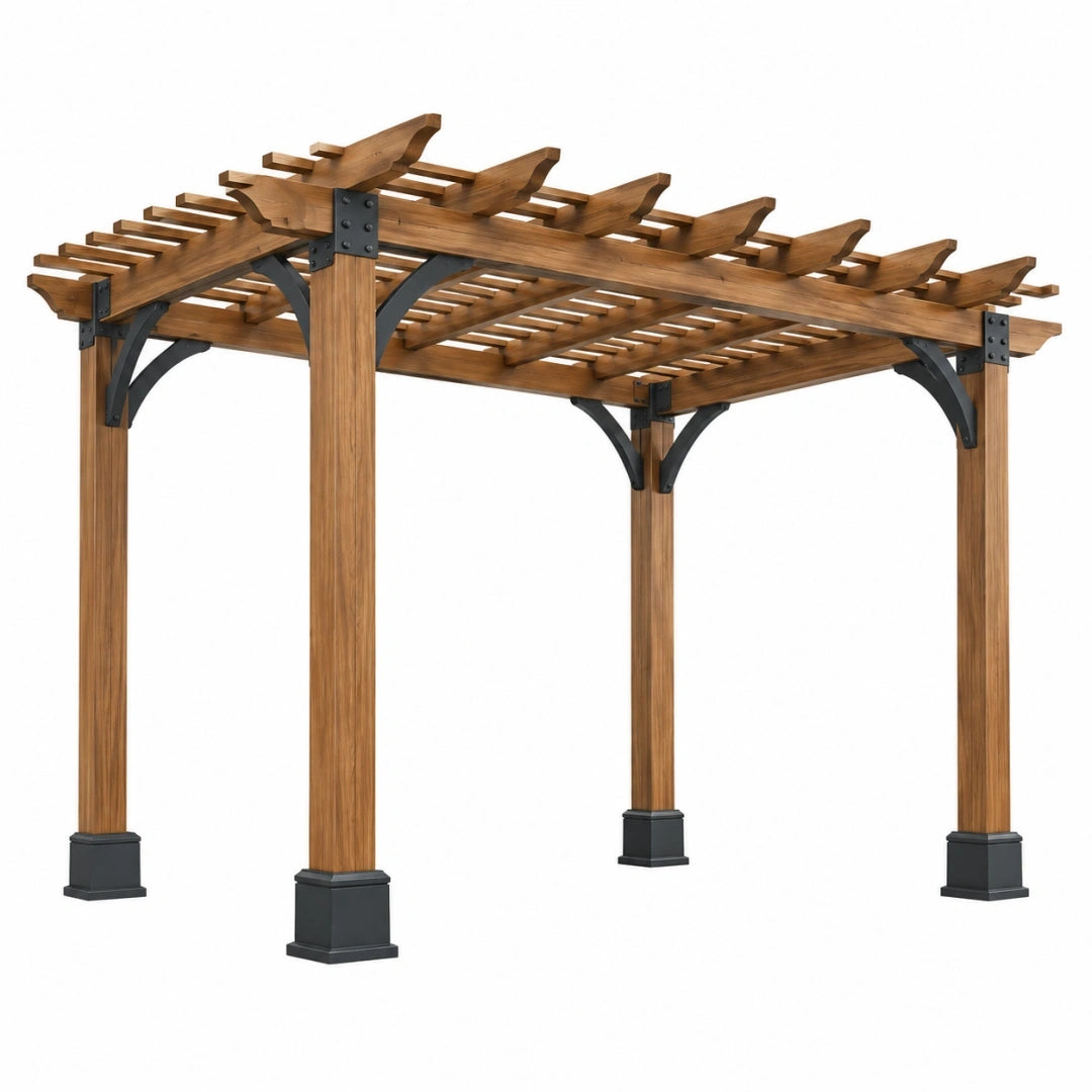 Pérgola de jardín 300 x 300 x 240 cm de madera marrón con estructura abierta estilo rústico
