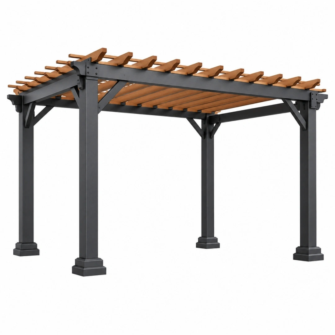 Pérgola de jardín 300 x 300 x 240 cm de acero y madera marrón negro - estructura exterior con lamas